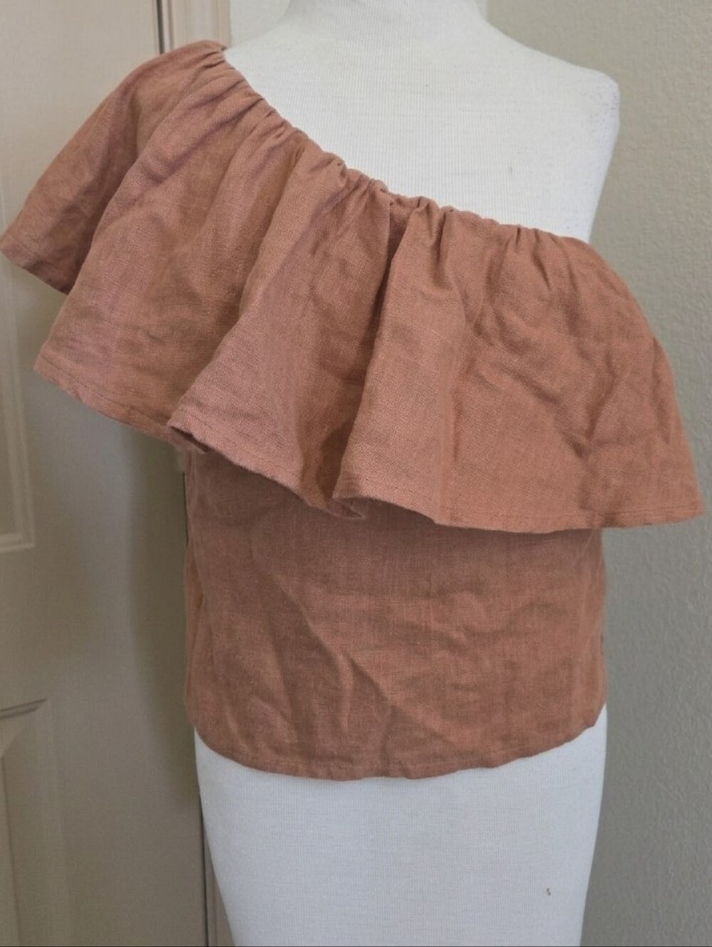 Beaumont Organic Terracota One Shoulder ruffle Linen Top M